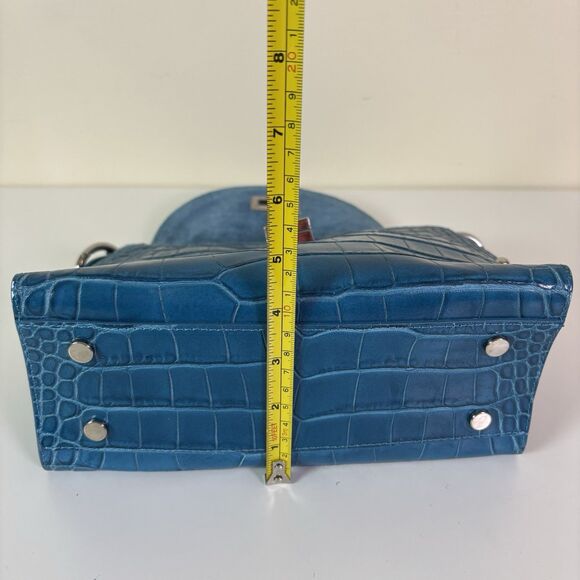 Claudia Firenze Teal Leather Croc-Embossed Handbag Rope Handle Chic Purse Italy - Picture 11 of 16